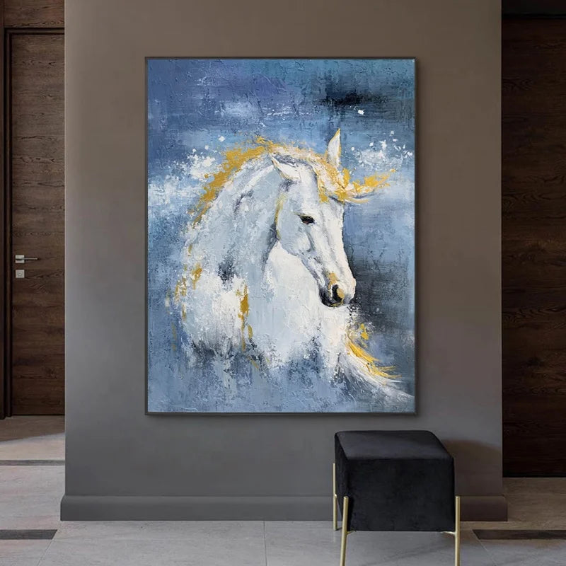 Artwork Frame Wall Modern Abstract Customized Blue Golden Hand Made Horse Canvas Oil Painting Original for Home Wall Decor
