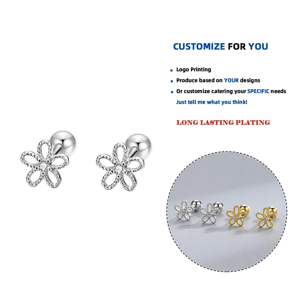 LE150 S925 Sterling Silver Stud Earrings Hollow Small Five-Claw Flower Earrings Diamond Sweet Earrings Women Fine Jewelry