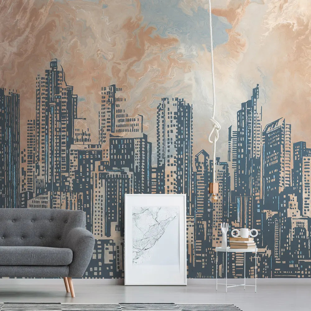 Made in Germany Photo Wallpaper Murals Skyline Orange Grey Blue Non Woven Vinyl Wall Mural Buildings for Hotel - 280 x 371 m