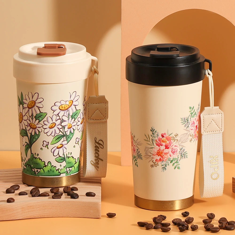 Eco Friendly Stainless Steel Cute Water Tumbler- Reusable Vacuum Flask Double Insulated Flower Mugs Bottles Gift Set Option