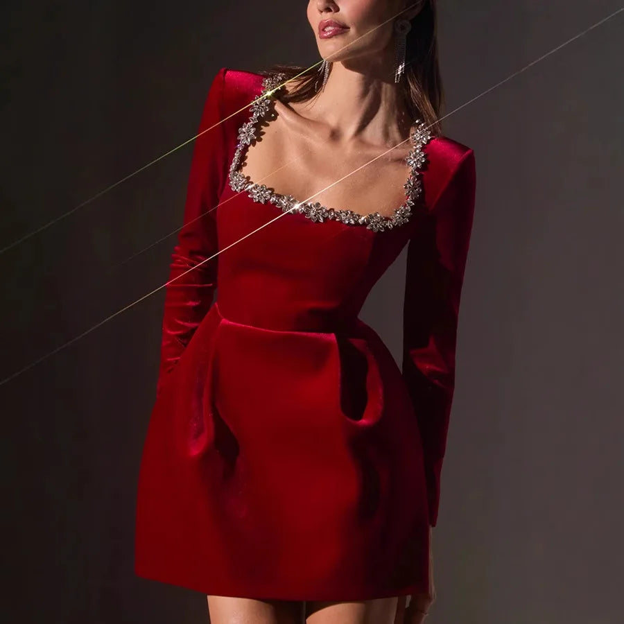 2025 New Spring Women's Elegant Square-Neck Beaded Velvet Mini Dress Dresses Women Lady Elegant