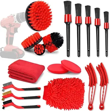 18-Piece Red PP Car Detailing Brushes Kit Drill Tools for Interior and Exterior Wheel & Air Vents Cleaning