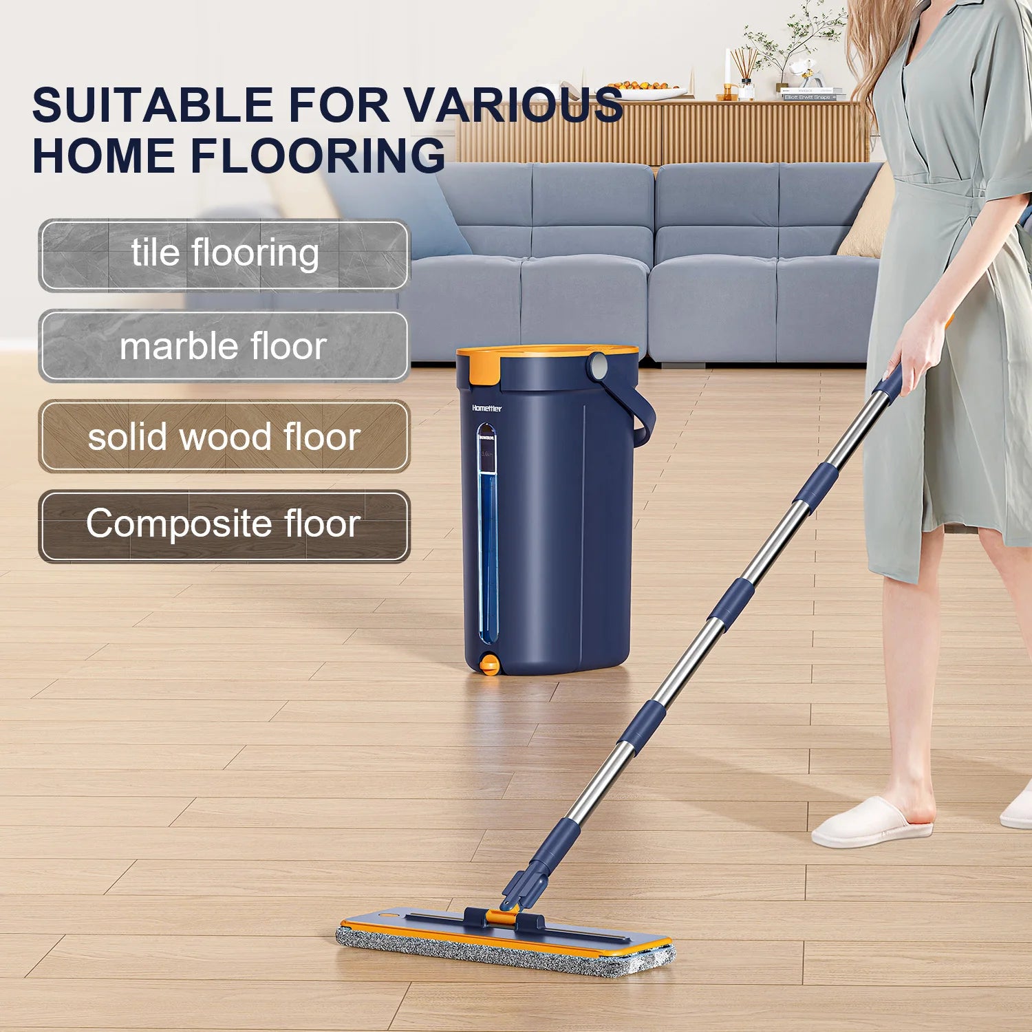 Scratch Clean Flat Mop with Double Bucket Self-Wringer Microfiber Fabric Telescopic Handle for Household Floor Cleaning
