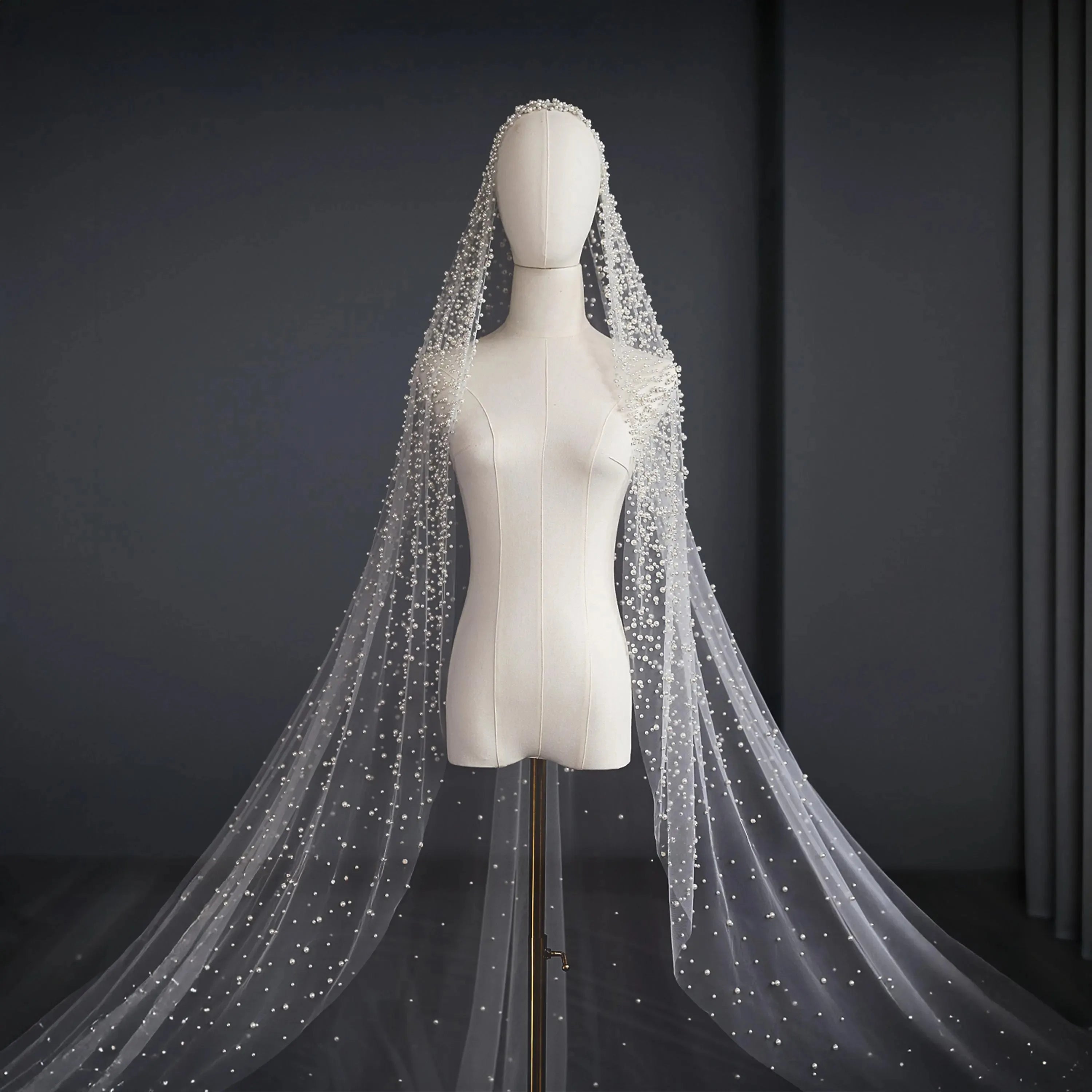 Beautiful One Layer Heavy Beaded Pearl White Ivory Long Bridal Wedding Veil