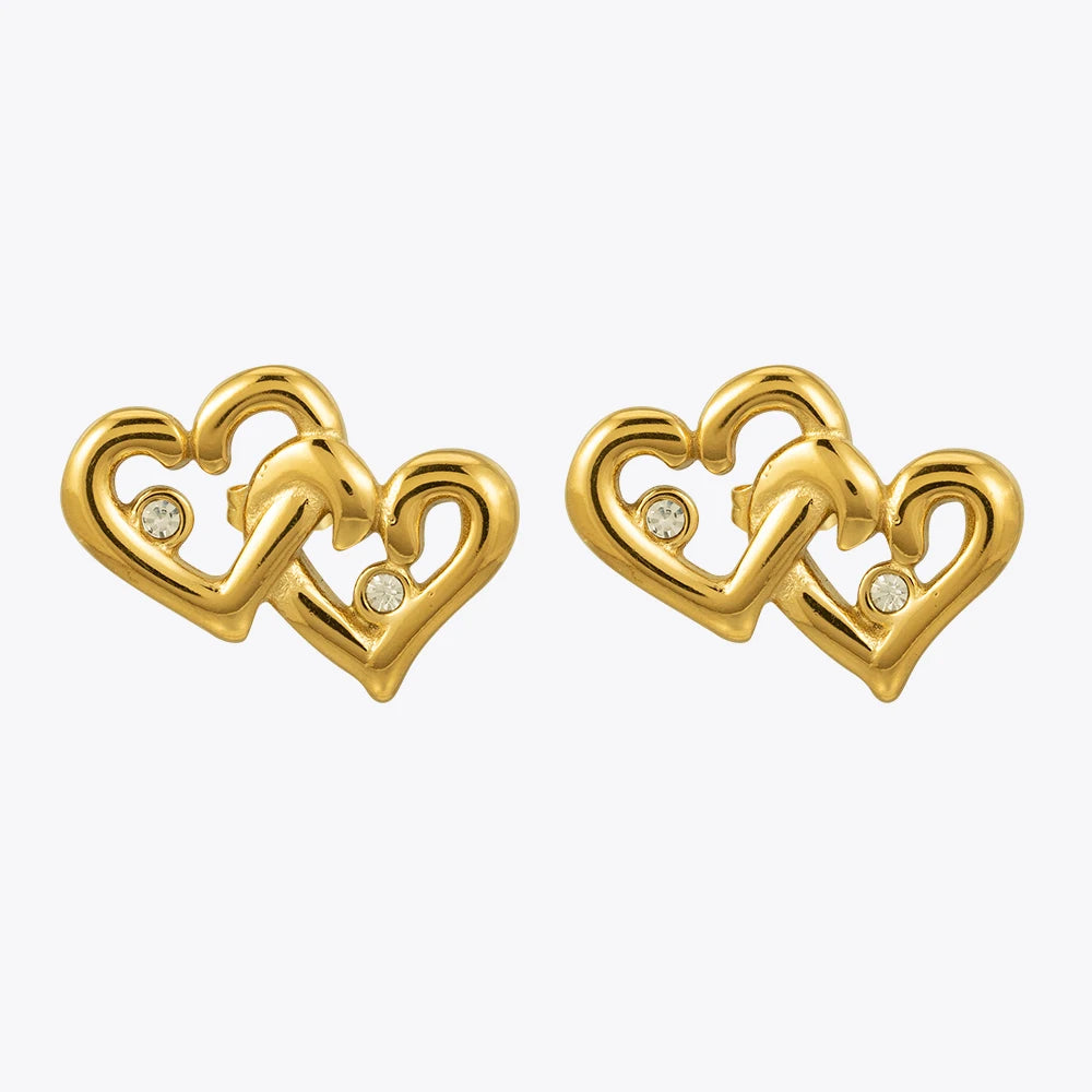 18K Gold Plated Stainless Steel Jewelry Interlocking Hollow Double Heart Zircon Stud Earrings for Women Earrings E241598