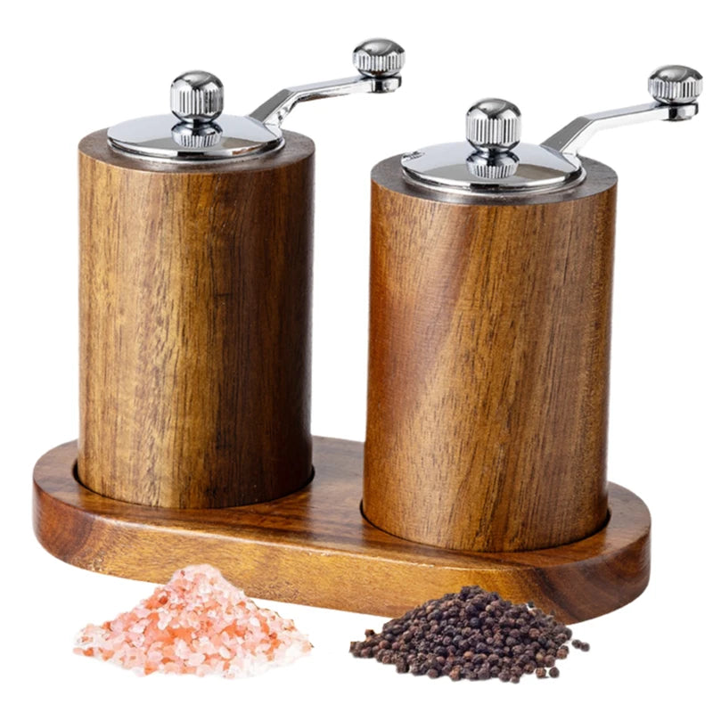 Acacia Wood Salt Mill Spice Shakers with Adjustable Ceramic Core Pepper Mills With Hand Crank Manual Wooden Pepper Grinder