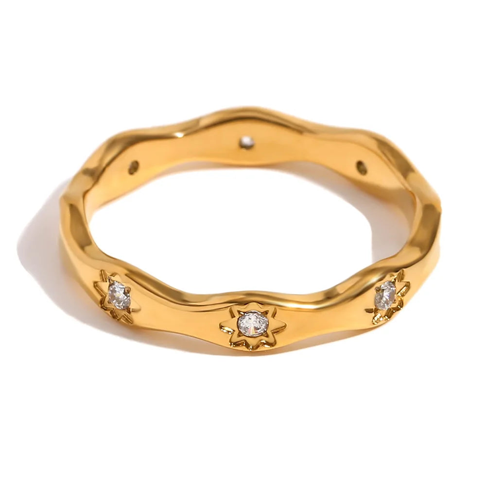 New Arrival 18k Gold Plated Jewelry Irregular Wave Shape Zirconia Ring Stainless Steel Minimalist Star Finger Rings Women