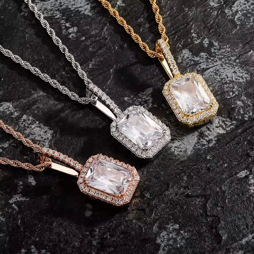 Luxury Gold Plated Pendant with Large Emerald Cut Cubic Zirconia and Surrounding Small CZ Stones Exquisite Women Fashion Jewelry