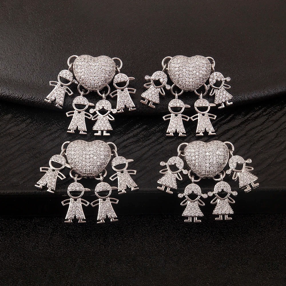 Wholesale Silver Tone Heart Pendant Set Multi Family Figures with Full Zircon Inlay Family Theme Jewelry for Necklace Making