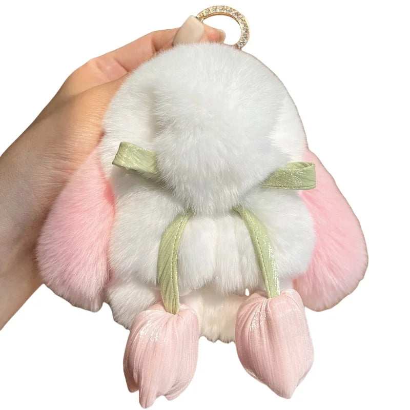 Real Rex Rabbit Fur Keychain Mini Bunny Pendant Women Bag Charm Car Key Ring Ornaments Girl Plush Stuffed Animal Toys Gift