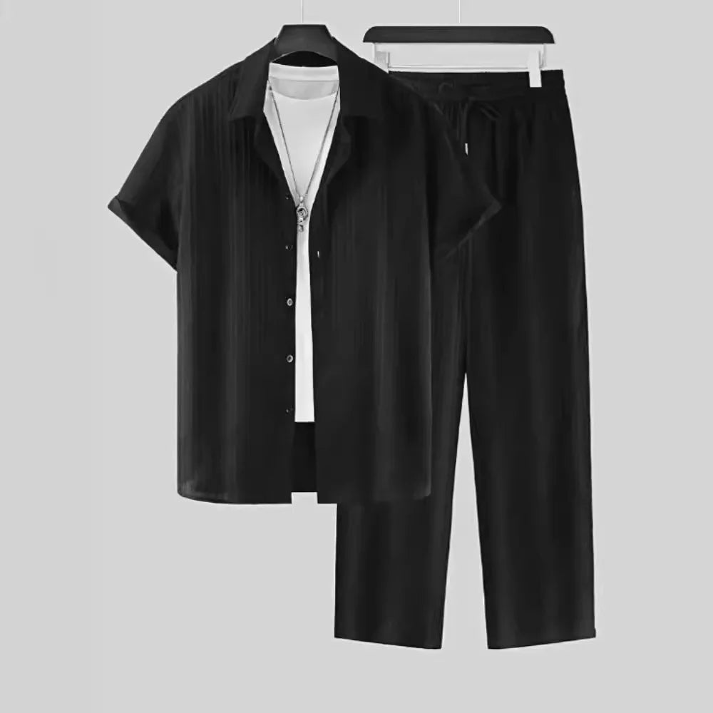 Oem Custom logo Design Cross-border Foreign Trade Summer New Men's Striped Short-sleeved Shirt Single-breasted Lapel Suit