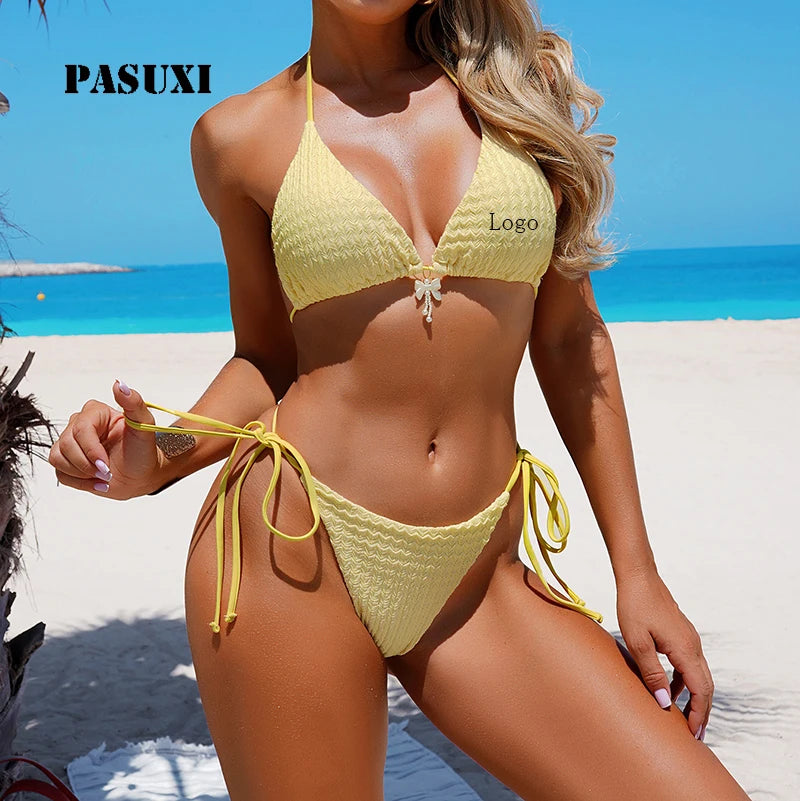 PASUXI Stock 4 Colors Knitted Brazilian Bikini Set Triangle Top Thong Bottom Basic Swimwear for Women S-L