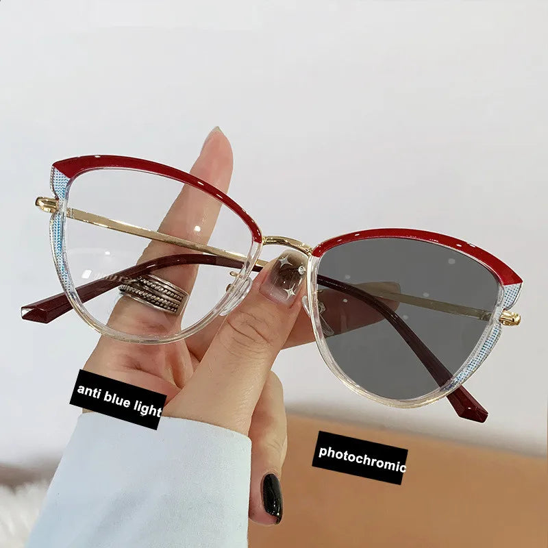 Custom Logo Newest Fashion Cat Eye Women Eyeglasses Photochromic Alloy Glasses Frames Anti Blue Light Photochromic Glasses Women