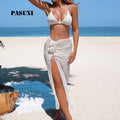Women's 3 Piece Bikini Set Solid Color Halter Neck Swimsuit with Cover up Skirt Brazilian Swimwear for Vacation Bathing Suit