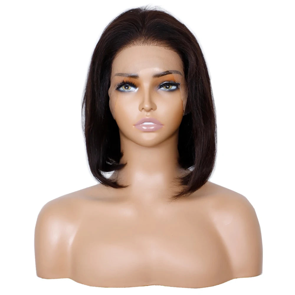 Factory Wholesale 13*4 Double Drawn Bob Wig Natural Hairline Black Straight Remy Silky Human Hair Wig with HD Lace Color Black