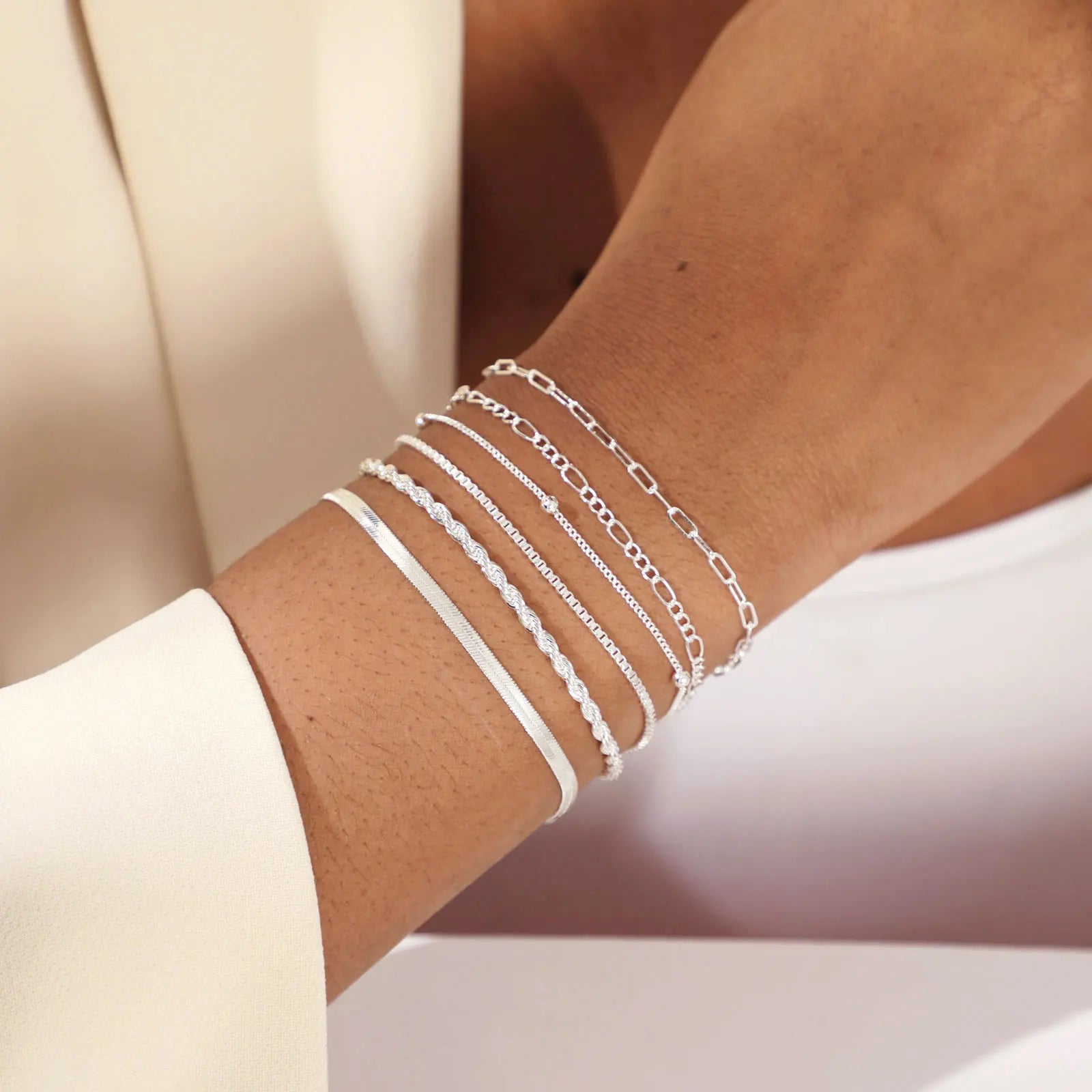 Fine Brass Jewelry Silver Plated Six-layer Chain Link Bracelet Set Paperclip + Snake + Twist + Gold Beaded Copper Bracelet