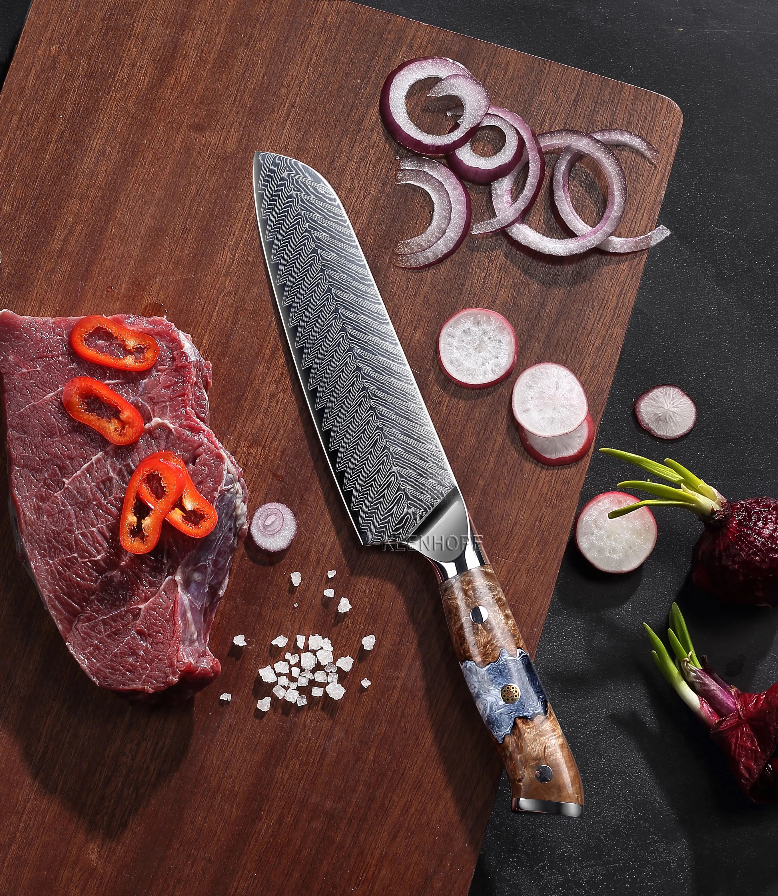 KEENHOPE Professional 7 Inch Japanese Damascus Steel Chef Kitchen Knife VG10 Core Santoku Knife Maple Burl Wood and Resin Handle