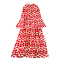 Spring Vacation Slim Casual Midi Dress for Women Flare Sleeve Empire Printed Shift Lace Dress Purple Red Black Yellow