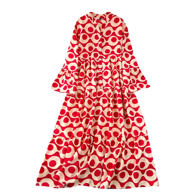 Spring Vacation Slim Casual Midi Dress for Women Flare Sleeve Empire Printed Shift Lace Dress Purple Red Black Yellow