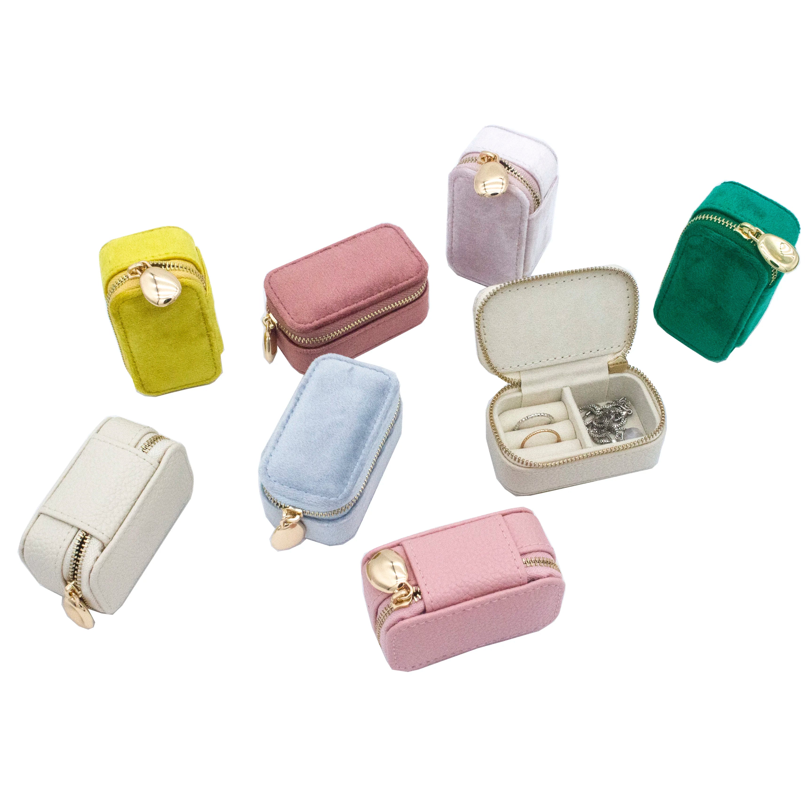 Hot Sale Mini Portable Jewelry Storage Packaging Boxes Pu Leather Velvet Ring Travel Display Zipper Cases