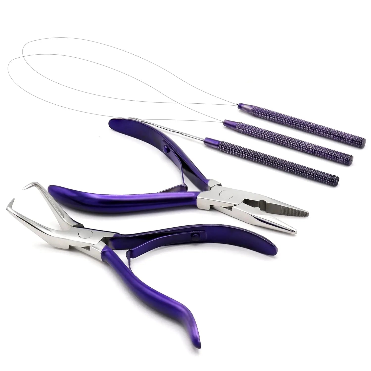 Professional Stainless Steel Hair Extension & Beading Tool Kit with 4-Piece Plier Set and I-Link Micro Ring Loop Needle