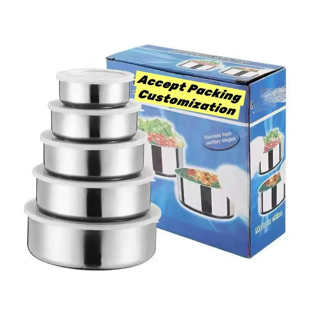 5-Piece OEM Stainless Steel Tiffen Tiffin Lunch Box - Airtight Fresh-Keeping Containers Round Metal Bowl for Kitchen Storage