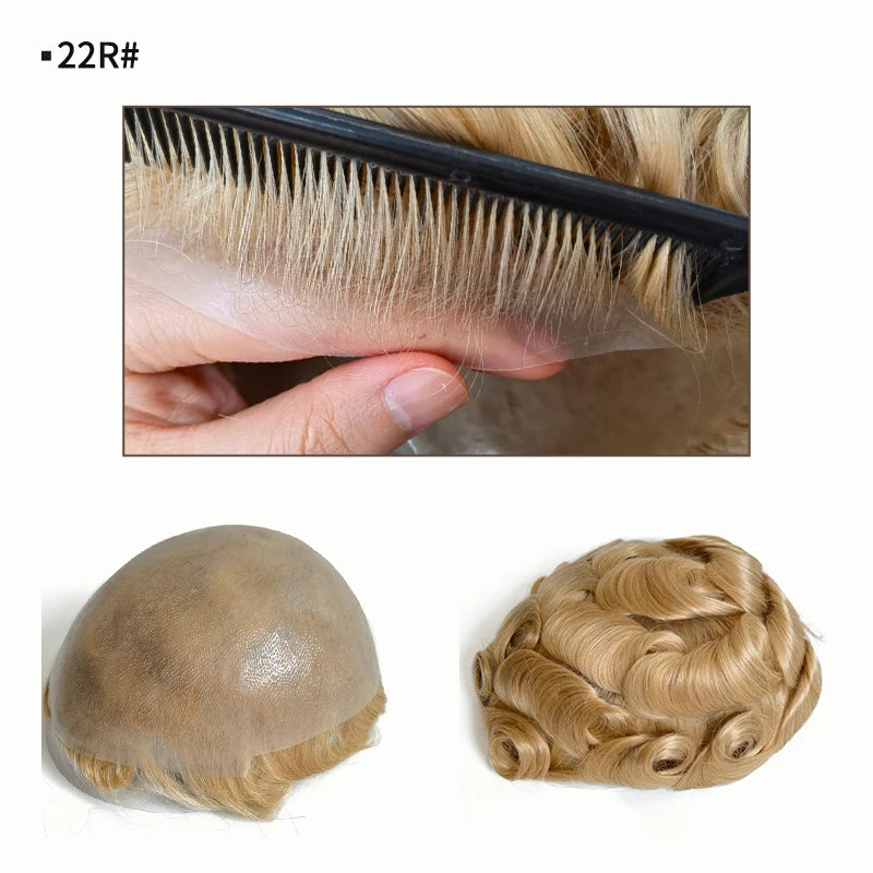 Blond Color Full Transparent Thin PU Skin Body Wave Virgin Human Hair Men Toupee With Natural Hairline MegaBDM