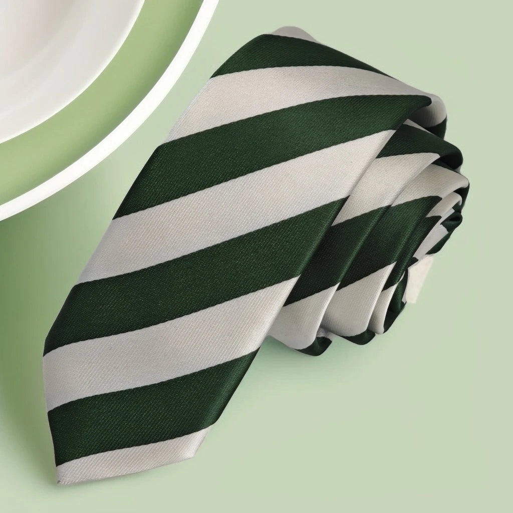 Green White Striped Jacquard Woven Slim Fashion Tie