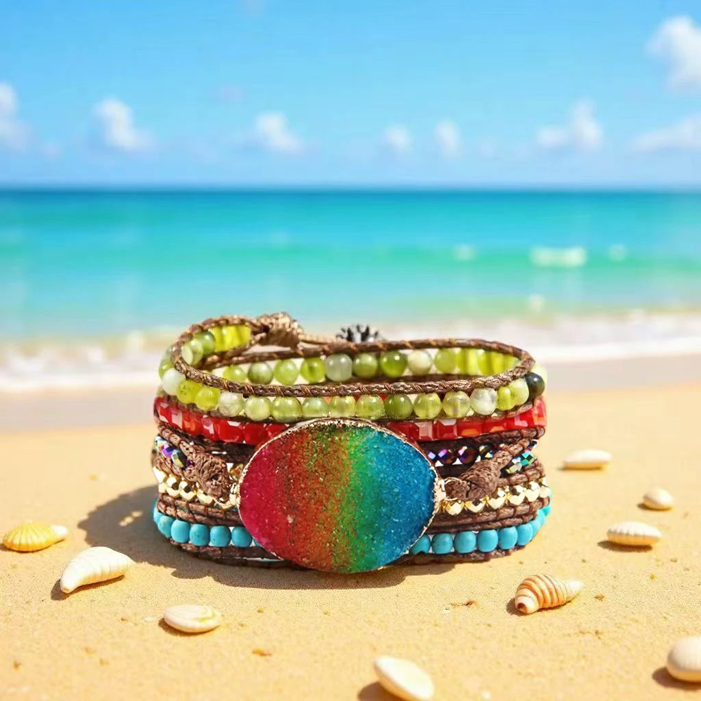 Women Jewelry Natural Gemstone Crystal Glass Bead Bracelet Irregular Chip Stone Big Colorful Oval Druzy 5 Strands Wrap Bracelet