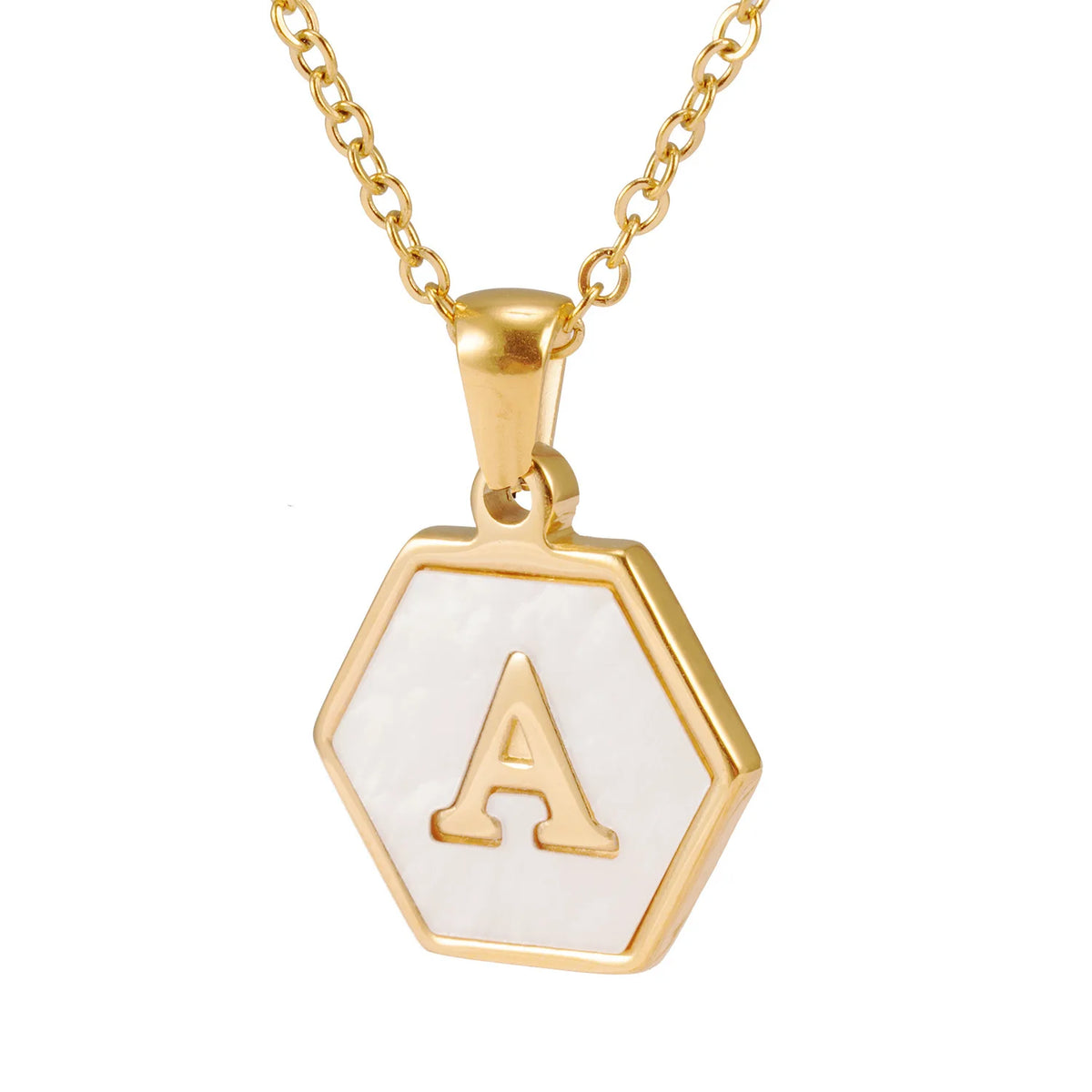 Mother of Shell White Black 18K Gold Plated Stainless Steel Hexagon Alphabet Initial 26 Letter Pendant Jewelry Necklace MegaBDM