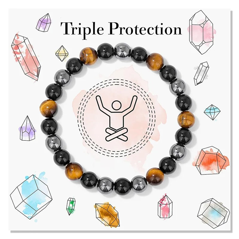 8mm Yellow Tiger Eye Black Obsidian Hematite Round Stone Bead Triple Protection Bracelet Bring Luck Prosperity Crystal Bracelet