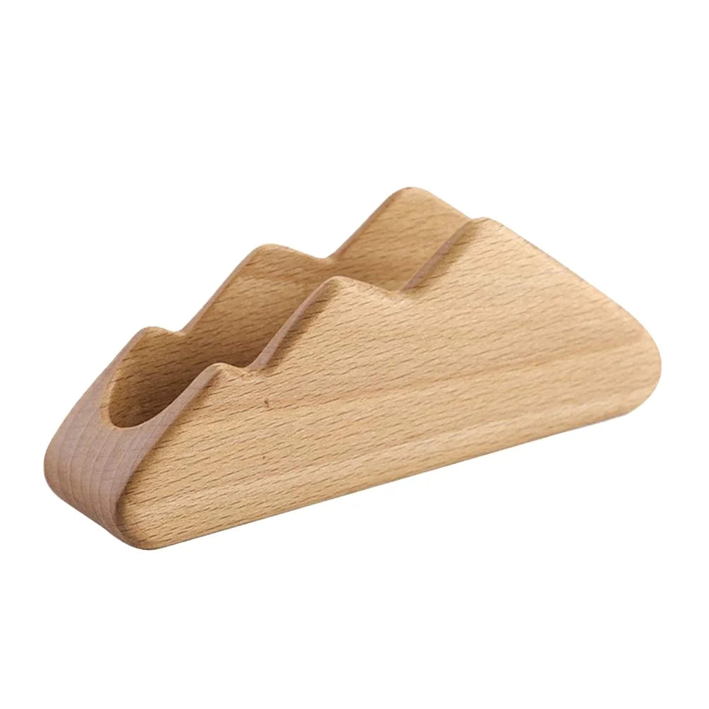 Custom Beech Wood Business Card Display Laser Cut Mountain Design Stand with Holder Case Organizer for Office Desk