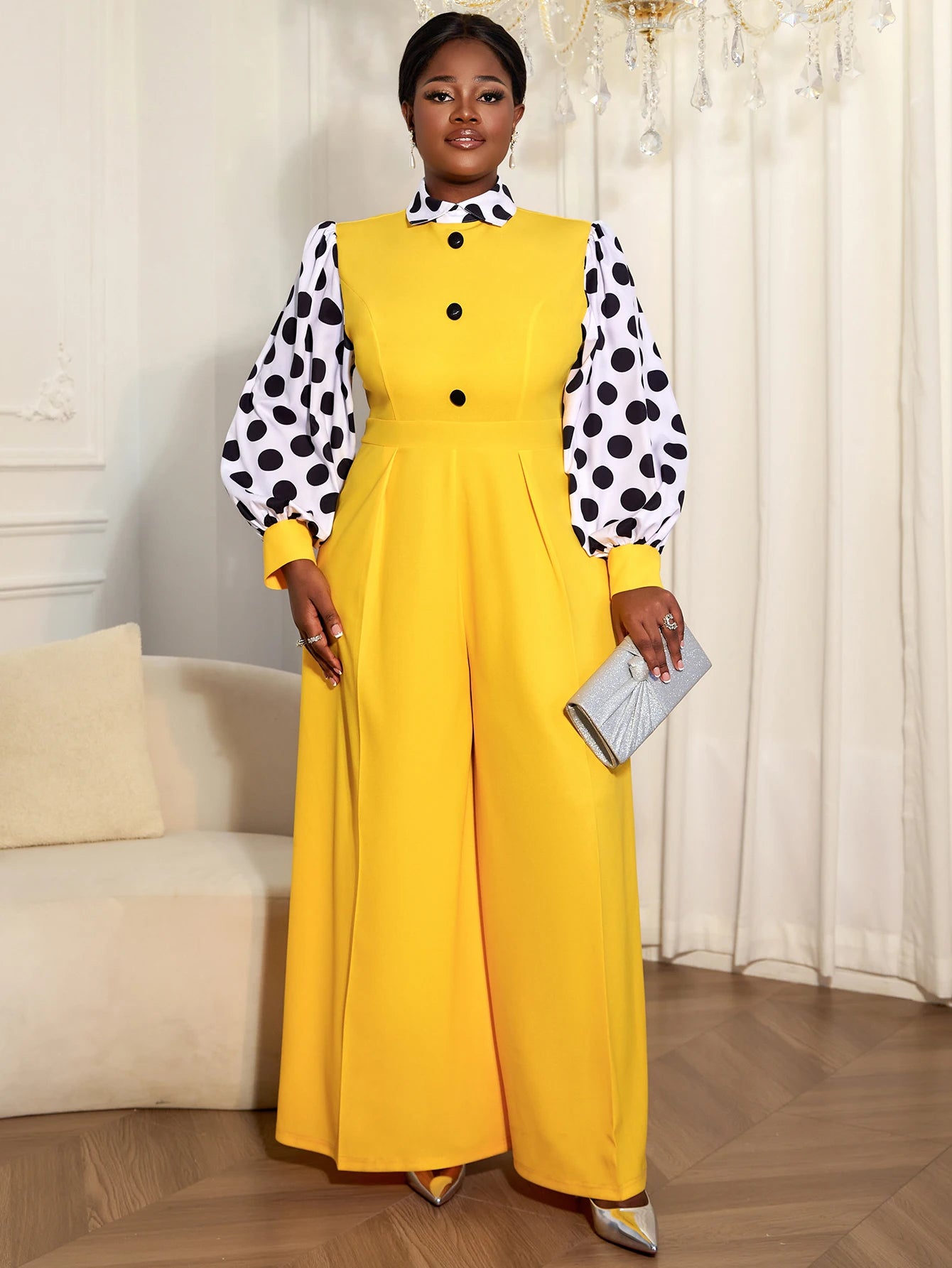 AM050949 Spring Lapel Polka Dot Jumpsuit Long Lantern Sleeve Yellow Wide Leg Bodysuit Women