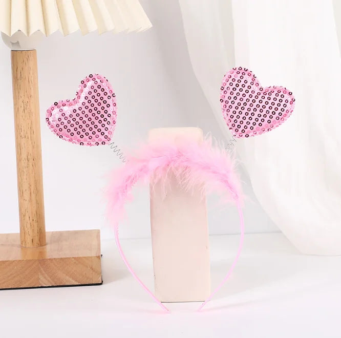 Pafu Valentines Hair Accessoires Pink Red Love Heart Hair Hoop with Glitter Feather Desgin Love Heart Shaped Hairband