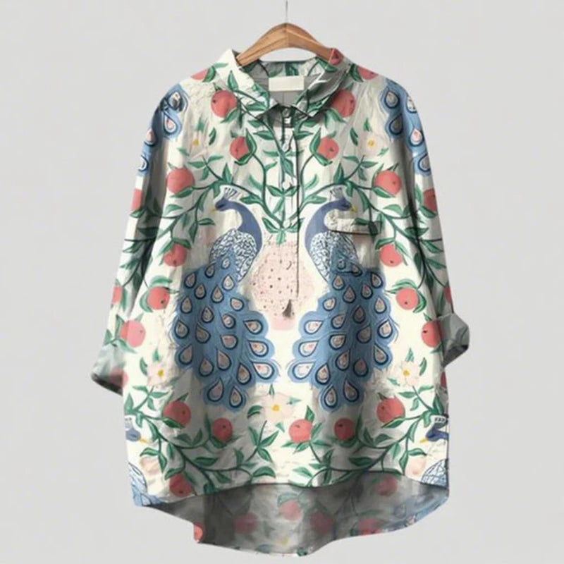 2025 Summer Elegant Office Ladies' New Loose Casual Printed Turnover Collar Long-sleeve Women's Blouse
