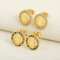 QIKU Wholesale Virgin of Guadalupe Religious Gold Plated Copper Hollow Out CZ Anti Tarnish Bold Statement Earrings for Women