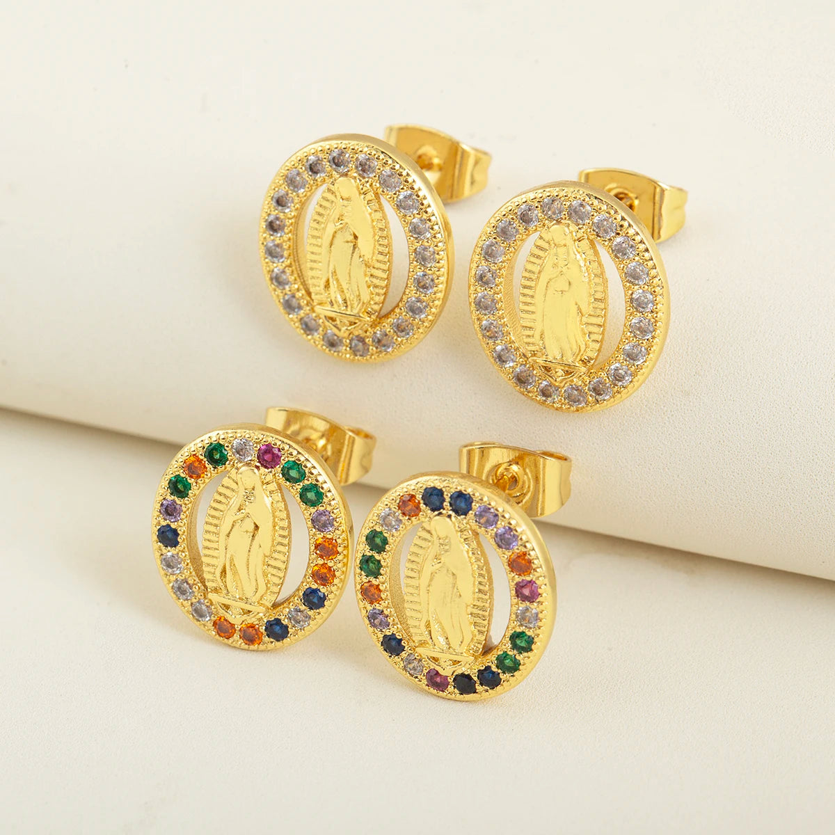 QIKU Wholesale Virgin of Guadalupe Religious Gold Plated Copper Hollow Out CZ Anti Tarnish Bold Statement Earrings for Women