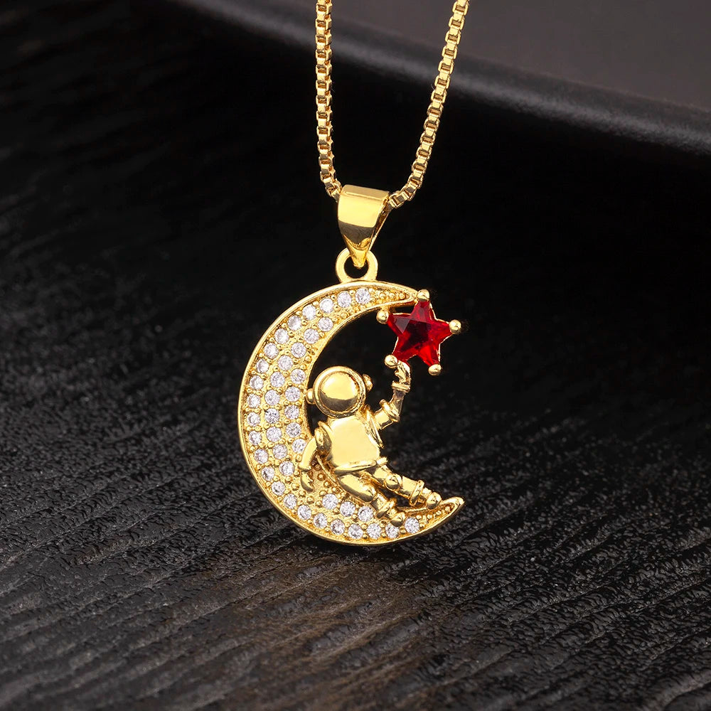 QIKU Romantic Astronaut Moon Star Shape Pendant Women Necklace Copper Zircon Space Style Jewelry Accessories Birthday Party Gift