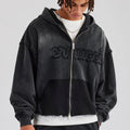 Custom Acid Washed Distressed Pullover Men's Fleece Hoodie 100% Cotton Breathable Color Block Applique Embroidery Boxy