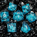 DND 7-Piece Sea Blue Gradient Translucent Swirling Iridescent Glitter Dice Set 16mm Resin D20 Custom Logo Liquid Core FULL"