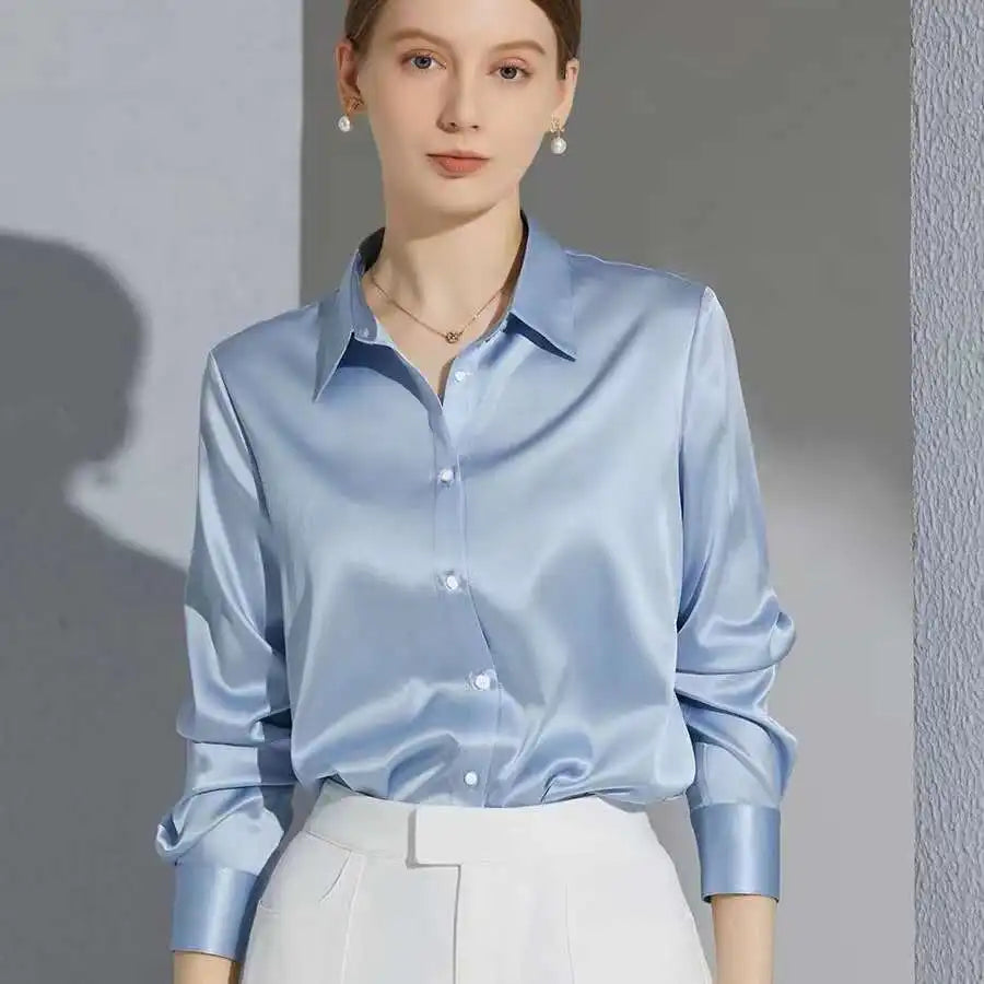 Women Clothing Casual Top Long Sleeve Button Elegant Shirts French Solid Blouses
