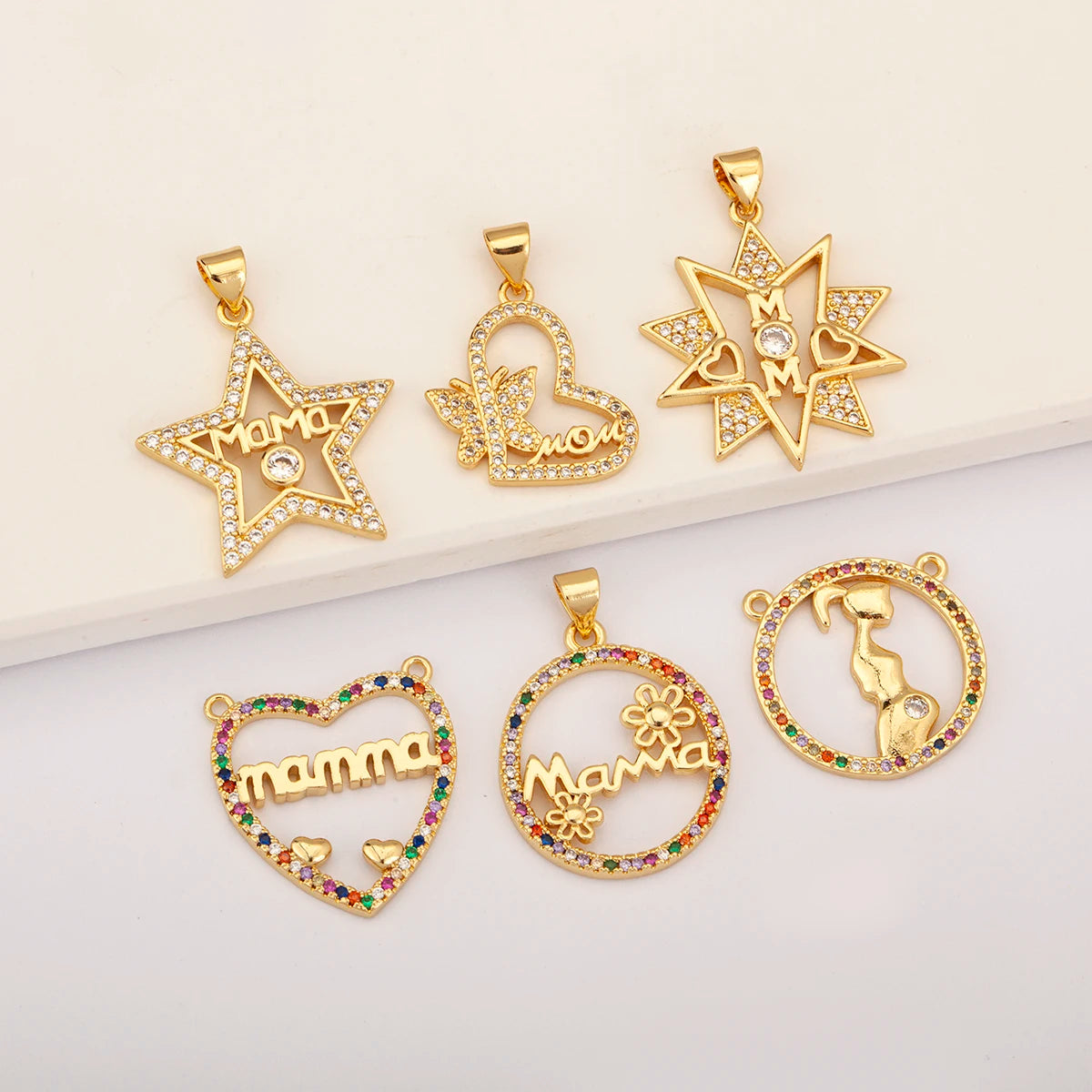 QIKU Wholesale Gold Filled Star and Heart Charms for Jewelry Making Zircon MAMA Letter Pendants DIY Fashion Accessories