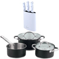 5-piece cookware set (2 saucepans with lids + saucepan) stainless steel with coating + Bergner NATURALLY 3-piece knife set with