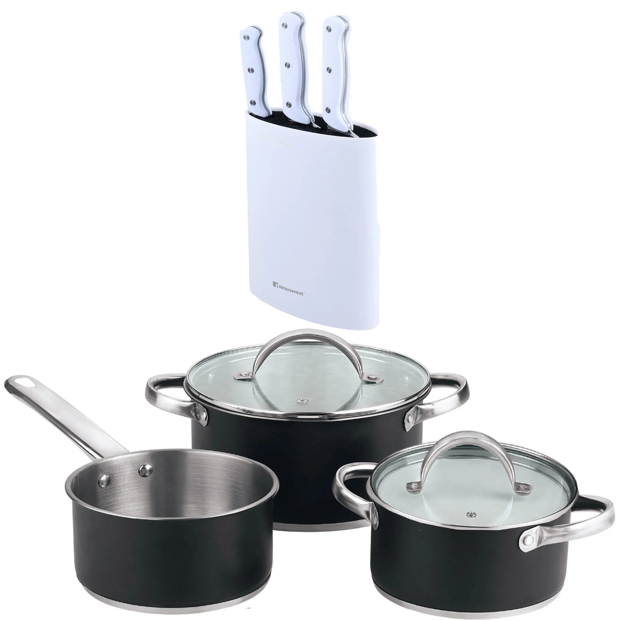 5-piece cookware set (2 saucepans with lids + saucepan) stainless steel with coating + Bergner NATURALLY 3-piece knife set with