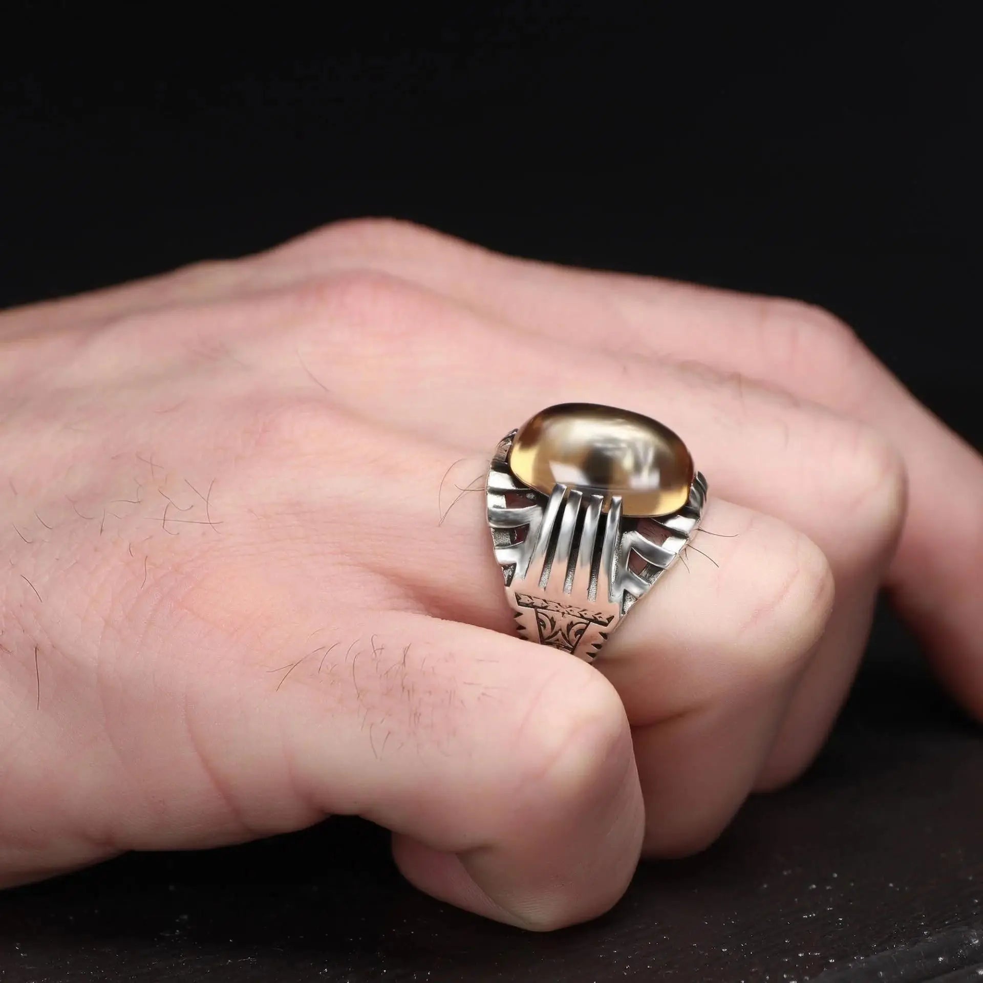 Azuris Turkish-Made 925 Sterling Silver Men's Ring Original Ottoman Style Natural Stone Fine Jewelry Model VALKH1983