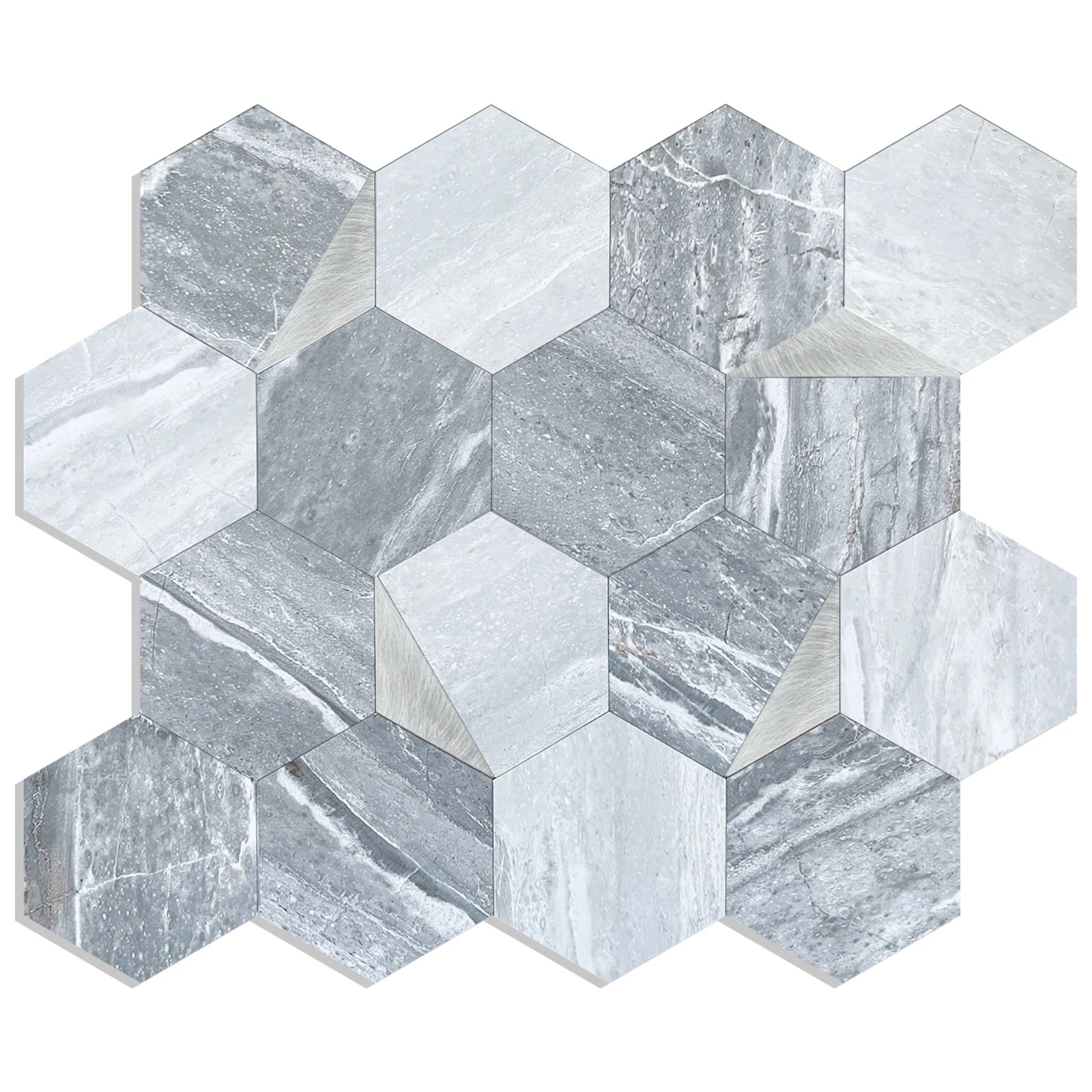 Multi-Tone Gray Marble & Silver Hexagon Peel-and-Stick Tiles Self-Adhesive Wall Covers for Industrial Space