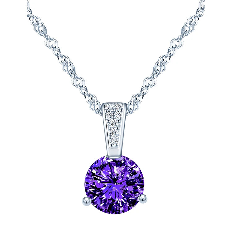 In Stock S925 Sterling Silver Cubic Zirconia Purple Women Minimalist Multi Faceted Stone Set Pendant Necklace MegaBDM