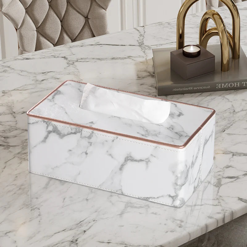 Free Sample Top Seller Luxury Tissue Box Cover Rectangular White Marble Pattern Modern Leather Paper Dispenser Holder