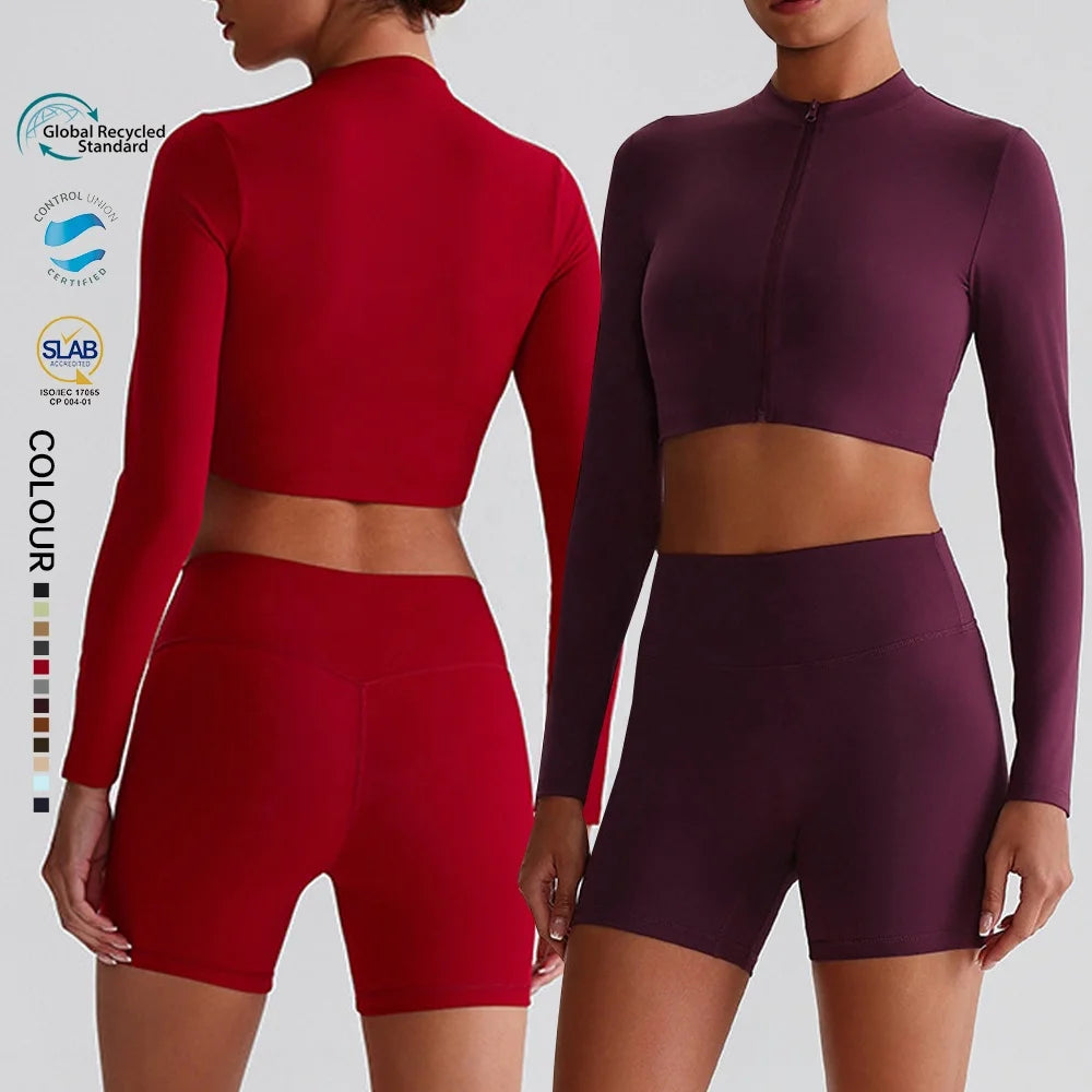 SHINBENE Recycled Polyester Women's Biker Shorts and Zip up Long Sleeve Yoga Workout Set Sustainable Sports Gym Fitness Sets