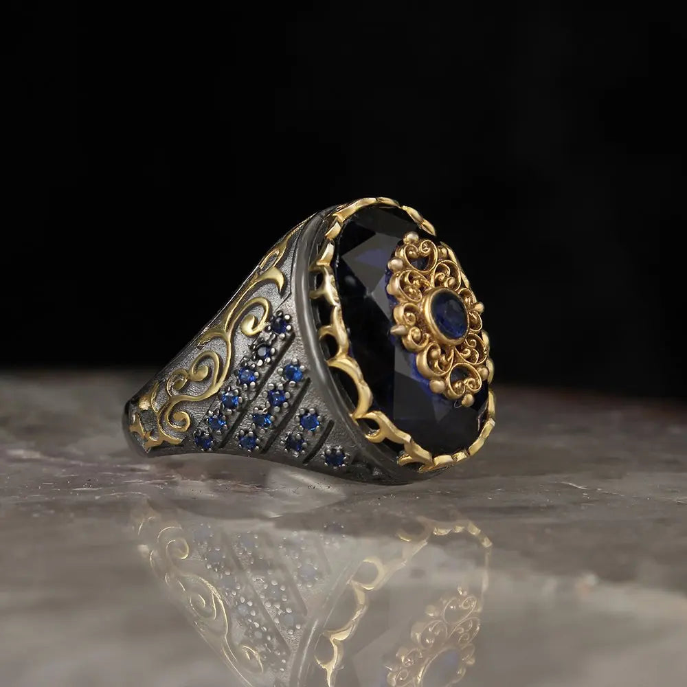 Turkish Style Vintage 925 Sterling Silver Ottoman Style Men's Ring with Rhodium and Gold Bi-color Plating Model RCEGYT-287